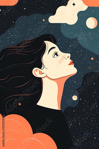 illustration of a beautiful woman with long hair in the night sky.
