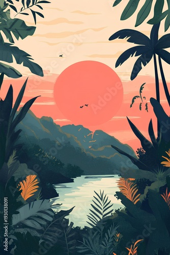Tropical landscape. Sunset in the jungle. tropical landscape with tropical island