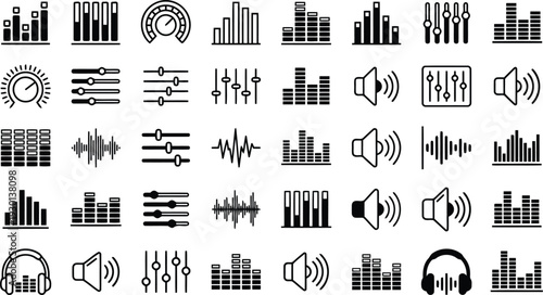 Collection of sound equalizer and volume control icons representing audio technology