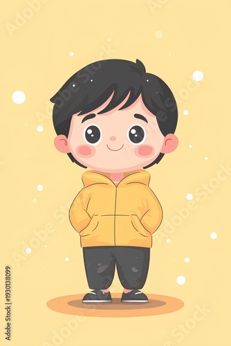 Cute little boy wearing yellow winter jacket. Cartoon illustration.