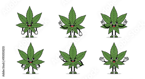 Collection of cute and happy cannabis leaf mascots with diverse facial expressions and poses for branding or decoration.