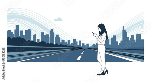 Silhouette of a young woman standing on the side of a highway while using her smartphone with a city skyline in the distance.