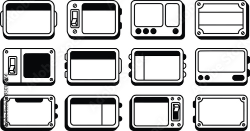 Collection of twelve abstract electronic device icons with switches and screens
