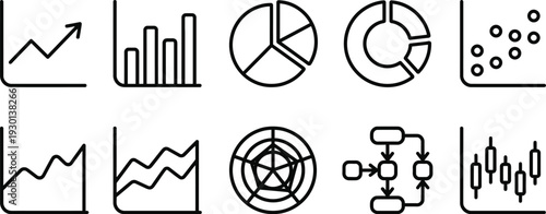 Collection of various business analytics chart icons and infographic elements isolated on transparent background