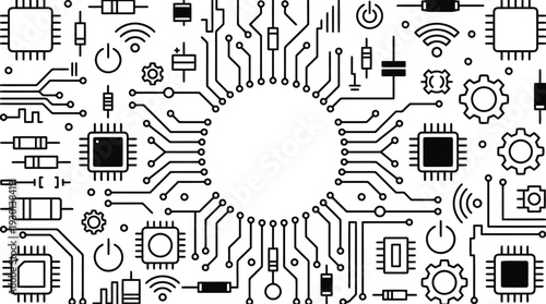 Digital electronic circuit board components and connections pattern isolated on transparent background