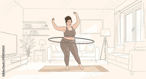 Plus size woman doing hula hoop exercise in her living room, maintaining a healthy lifestyle through indoor workout.