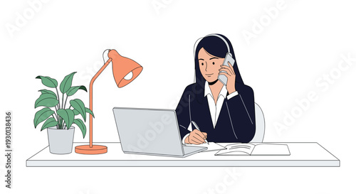 Businesswoman wearing headset talking on phone and taking notes while working on laptop in a modern office environment.