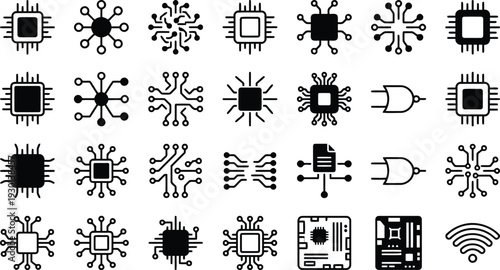 Diverse collection of electronic circuit and processor icons representing technology and data