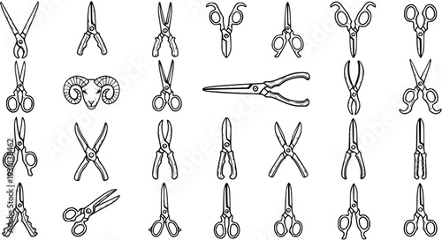 Hand tools outline icons set: collection of various scissors, pliers, snips, shears, and a ram's head. Black and white sketch style vector illustrations.