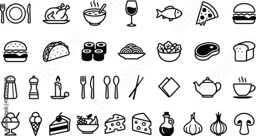 Diverse collection of food and drink icons representing various culinary elements and dining items
