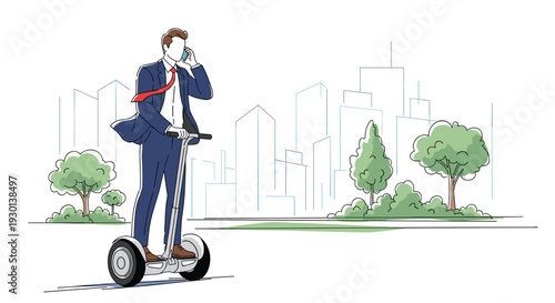 Businessman in formal suit talking on mobile phone while riding an electric self-balancing scooter through a city park.