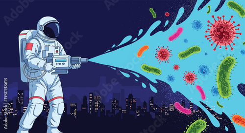 Astronaut in a space suit using a futuristic gun to spray and destroy various colorful viruses and bacteria in outer space.