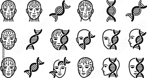 Humanoid heads with circuit patterns and DNA double helix strands isolated on transparent background
