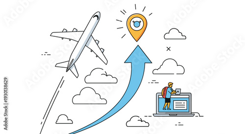 Illustration of travel planning showing an airplane, clouds, a laptop with a traveler, and a destination pin icon.