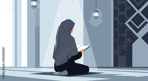 Muslim woman in a grey hijab sitting on a prayer rug and reading a holy book in a peaceful, dimly lit mosque interior.