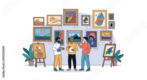 Three diverse men standing in an art gallery discussing various colorful paintings and abstract artworks displayed on the wall.