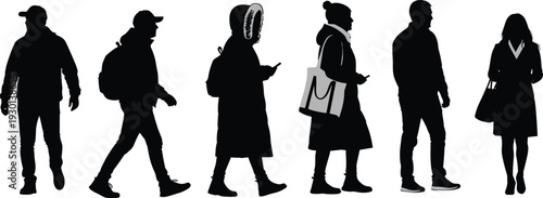 Silhouettes of diverse people walking on winter street, urban crowd pedestrians in coats hats boots, city life anonymous figures
