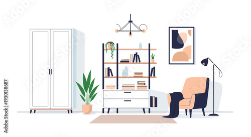 Cozy modern living room interior design with a comfortable armchair, bookshelves, potted plants, and a stylish lamp.