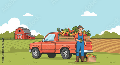 Farmer standing next to his red pickup truck loaded with crates of fresh organic vegetables in a rural farm field.