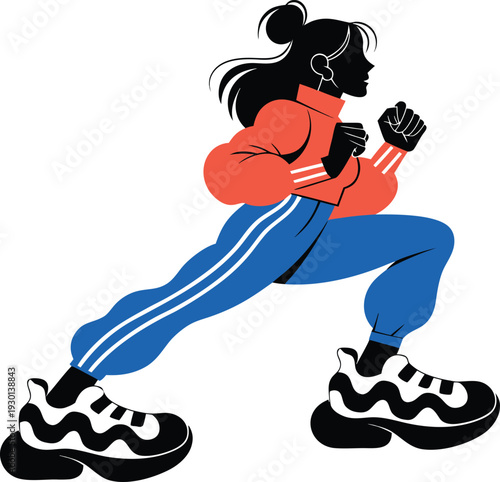 Woman running in stylish tracksuit and sneakers dynamic motion fitness workout
