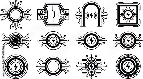 Set of abstract technological symbols with circuit board elements and lightning bolts