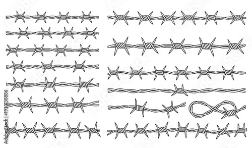 A collection of various barbed wire designs in a simple line art style