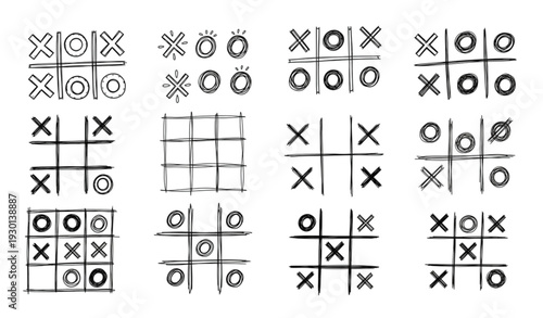 A set of hand-drawn tic-tac-toe game boards in a minimalist style