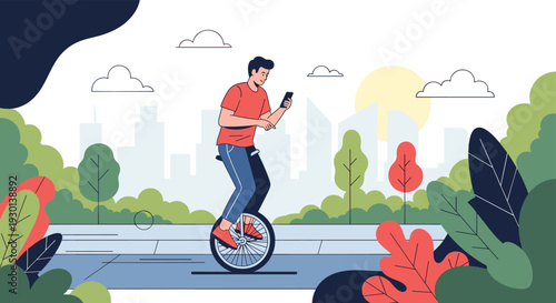 Young man riding a unicycle through a city park while focused on his smartphone, demonstrating balance and multi-tasking.