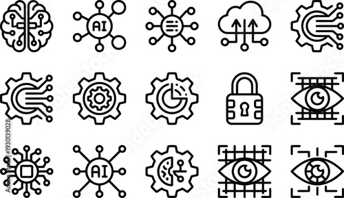 Set of modern technology and artificial intelligence icons representing concepts like AI cloud computing and security