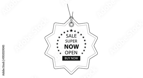 White star-shaped price tag with black text saying sale super now open buy now, ideal for retail and marketing promotions.