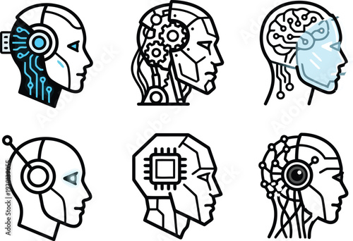Six stylized robotic head profiles with different internal technological elements shown