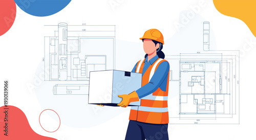 Construction worker in a safety vest and helmet carrying a large box in front of house floor plans and blueprints.