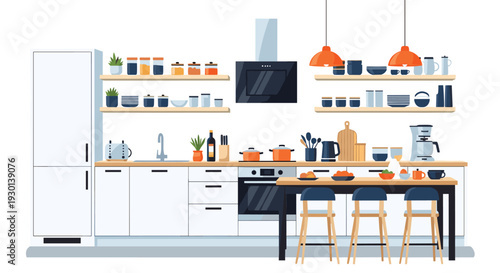 Modern kitchen interior with white cabinets, wooden shelves, stools, and various cooking appliances and utensils.