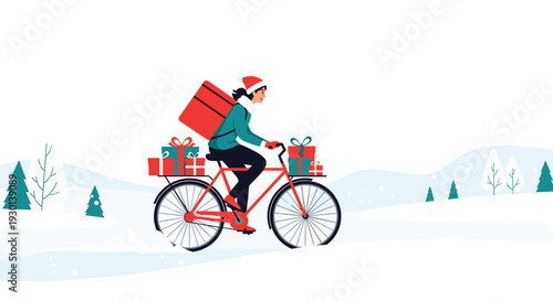 Female courier in a Santa hat riding a bicycle to deliver Christmas presents in a snowy winter landscape with pine trees.