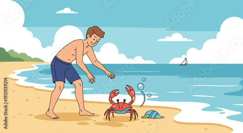 Happy young man in swim trunks playing with red crab on sandy beach under sunny sky with ocean and sailboat in the background.