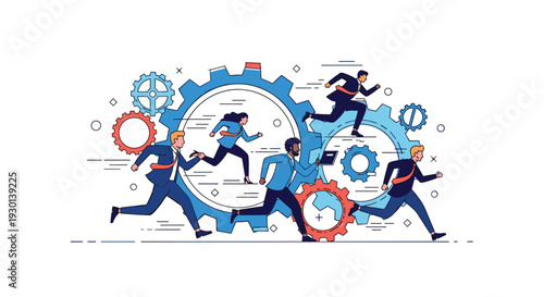Group of business professionals running together on large mechanical gears representing teamwork efficiency and corporate progress.