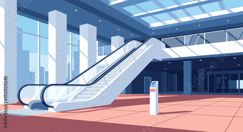 Modern spacious building interior with tall columns large glass windows and escalator leading to the second floor of terminal.