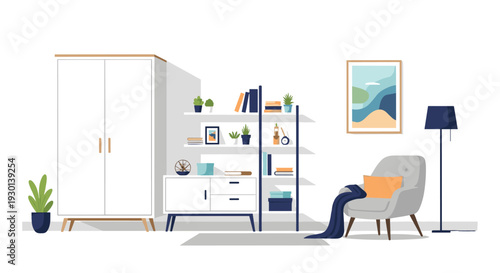 Modern living room interior featuring white wardrobe bookshelf armchair floor lamp and decorative items in clean minimalist style.