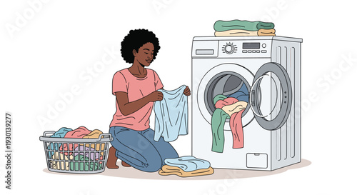 Young African American woman kneeling on floor and sorting clothes near modern washing machine in clean laundry room interior.