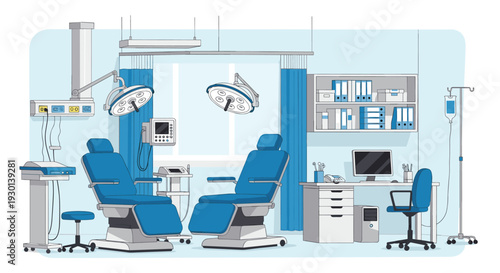 Clean and modern medical operating room interior with surgical chairs lights equipment and workspace for various procedures.
