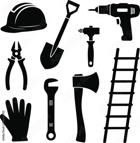 Black silhouette of construction and DIY tools including hard hat shovel drill pliers axe and ladder