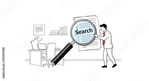 Businessman using large magnifying glass to search through stack of documents at his office desk for important information.