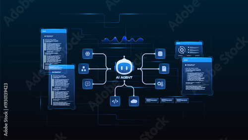 AI workflow automation artificial intelligence. ai agent automation system showing node user, processing, analytic flow, coding and process flow.