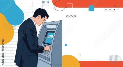Young businessman in suit using automated teller machine to withdraw money or check bank account balance in urban setting.