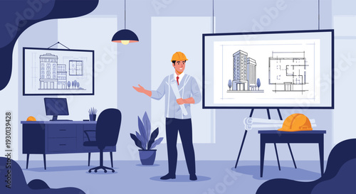 Professional architect wearing hard hat presenting building blueprints and 3D model on large screen in modern office studio.