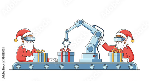 Two Santas wearing virtual reality headsets using robotic arm to pack Christmas gifts on conveyor belt in modern factory.
