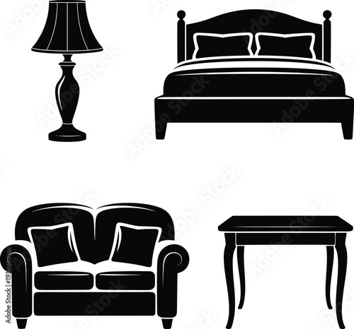 Black silhouette of home furniture including table lamp bed sofa and coffee table
