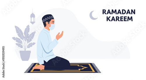 Muslim man wearing prayer cap and face mask kneeling on prayer mat for worship during Ramadan Kareem celebration at home.