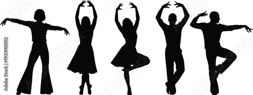 Collection of dancing people silhouettes in elegant poses, male and female ballet and contemporary dancers isolated on white background vector