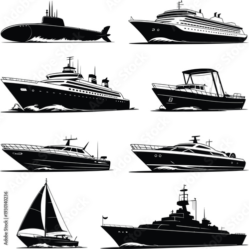 Diverse array of watercraft silhouettes featuring a submarine cruise ship and luxury yachts